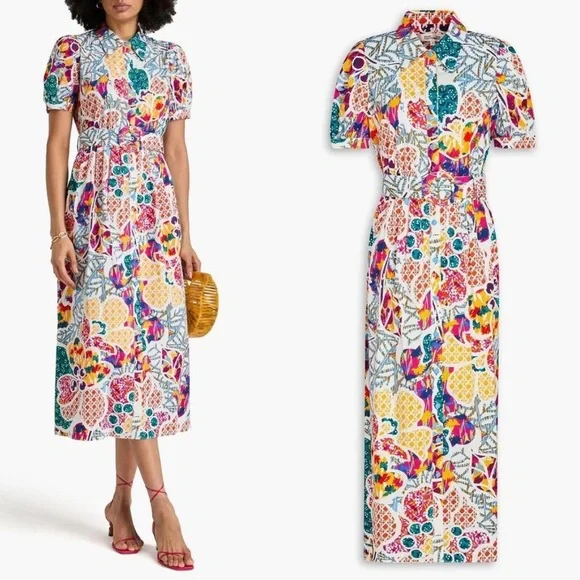 Diane Von Furstenberg Paddy Printed Cotton Blend Poplin Midi Shirt Dress Large - Picture 2 of 11